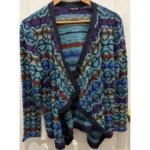 Women’s Open Front Cardigan Sweater L Colorful Boho Cotton Blend Statement